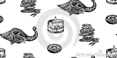 Seamless outline sketch indonesian pattern of elephant head, candle and balancing stone. Endless ink vector drawing of bali resort Vector Illustration