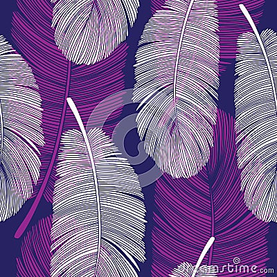 Seamless Overlapping Feathers Pattern on Purple and White Vector Illustration