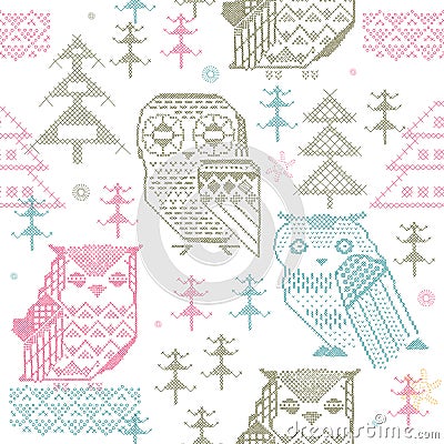 Seamless Owl Pattern Stock Photo