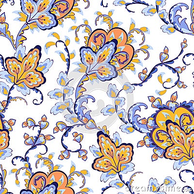 Seamless paisley pattern with baroque leaves and flowers. Hand drawn oriental tiles with turkish kukumber or buta. Stock Photo