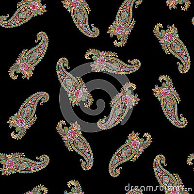 Seamless paisley pattern with black background Stock Photo