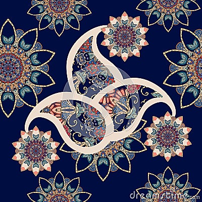 Seamless paisley pattern with flowers mandalas in indian style Stock Photo