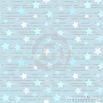 Seamless pale blue pattern with foil stripes and stars Stock Photo