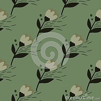 Seamless pale pattern with folk flower silhouettes. Green pastel background. Floral simple artwork Cartoon Illustration