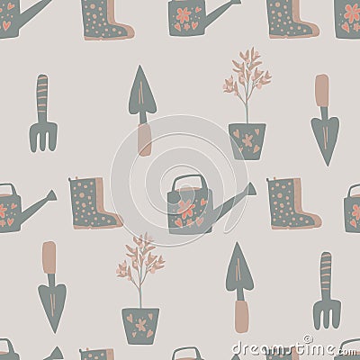 Seamless pale pattern with garden tools ornament. Light pastel grey background. Doodle vintage print Cartoon Illustration
