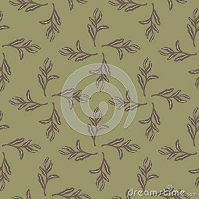 Seamless pale pattern with outline simple foliage branches shapes. Green background. Plants ornament Cartoon Illustration