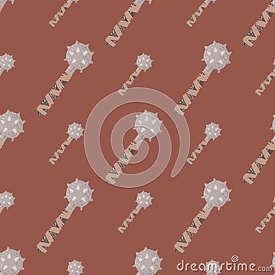 Seamless pale pattern with scandi war mace print. Flail medieval elements with spikes on maroon background Cartoon Illustration