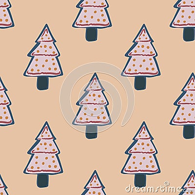 Seamless pale pattern with xmas grey dotted cookie trees. Light pastel background. Tasty winter delisious bakery dessert Cartoon Illustration