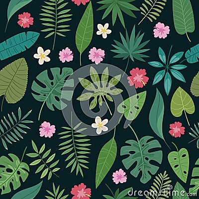 Seamless palm leaves and flowers exotic vector pattern. Tropical monstera leaves on black background. Cartoon jungles Vector Illustration