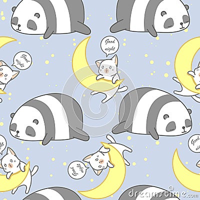 Seamless panda and cat in good night theme pattern. Vector Illustration