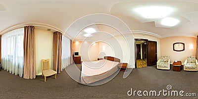 Seamless 360 panorama in interior of bedroom of cheap hotel, flat or apartments with chairs and table in equirectangular Stock Photo