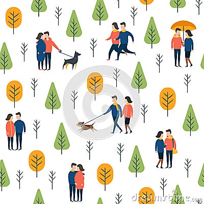 Seamless park pattern. Vector dog walking people Vector Illustration