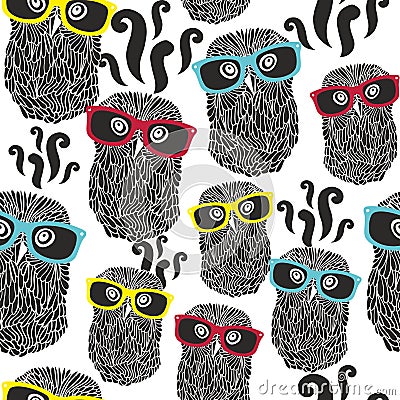 Seamless party pattern with happy owls in Vector Illustration