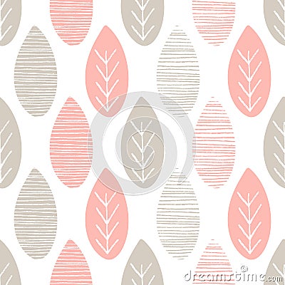 Seamless pastel nature vector pattern. Leaves with lines and twigs on white background. Hand drawn abstract spring ornament Vector Illustration