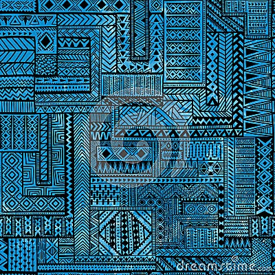 Seamless patchwork pattern. Black geometric lines on blue watercolor background. Vector Illustration