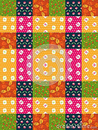 Seamless patchwork pattern from bright colorful patches with leaves and flowers. Vector Illustration