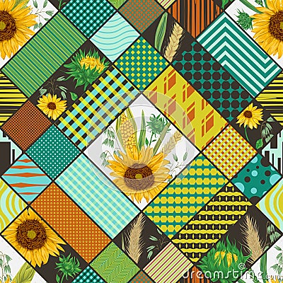 Seamless patchwork pattern with cereals, sunflowers and geometric ornament. Vector Illustration