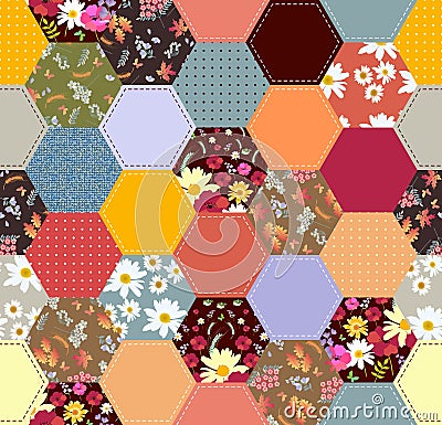 Seamless patchwork pattern from colorful hexagon patches with flowers. Quilting design background Vector Illustration