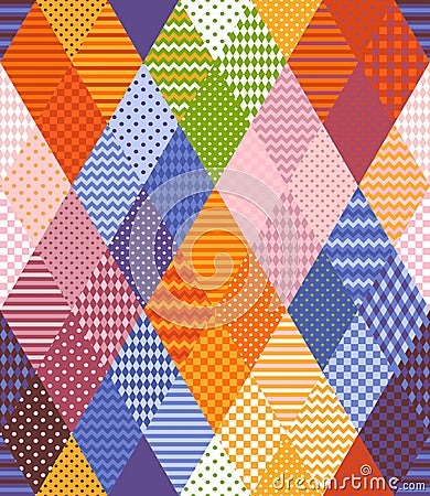 Seamless patchwork pattern from colorful rhombuses patches. Bright multicolor vector illustration Vector Illustration