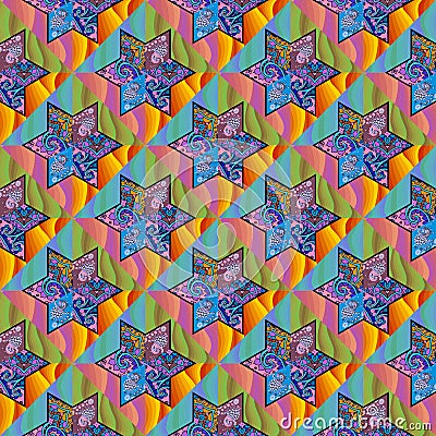 Seamless patchwork pattern with colorful stars on bright waves background Vector Illustration