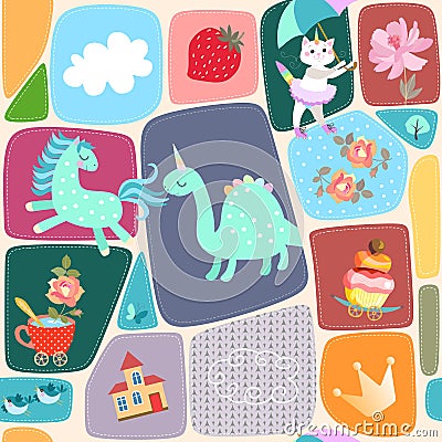 Seamless patchwork pattern with cute dino, pony, kitten, castle, clouds, crown, birds, butterfly,trees, cup of tea and flowers Vector Illustration