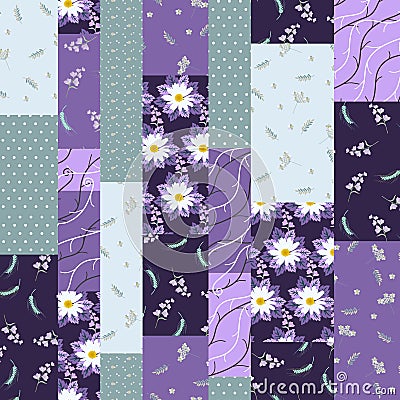 Seamless patchwork pattern with flowers and polka dot ornament. Vector illustration in violet and green colors Vector Illustration