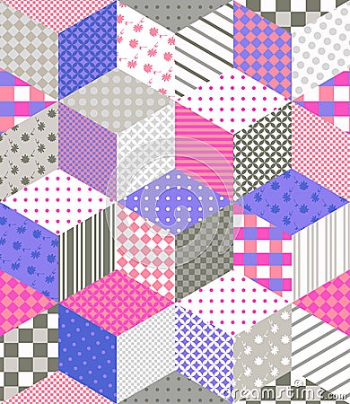 Seamless patchwork pattern. Quilting design with stars from different patches. Vector Illustration