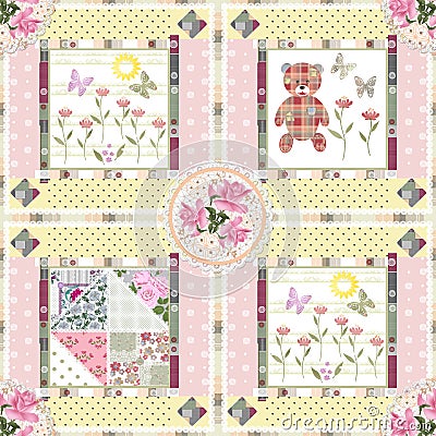 Seamless patchwork pattern with teddy bear and flowers Stock Photo