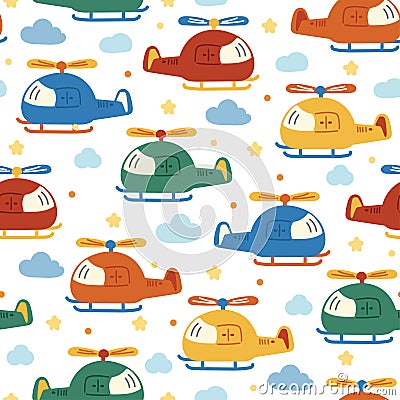 Seamless patern of cute helicopter cartoon on white background.Transportation.Sky Vector Illustration