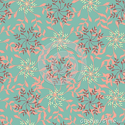 Seamless patern. Green leaf ornaments on a red background. Repeating ornament for fabric tiles Vector Illustration