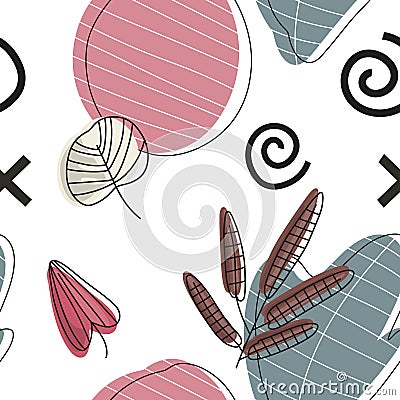 Seamless patern, illustration with leaves of different shapes and colors on a white background. Vector Illustration