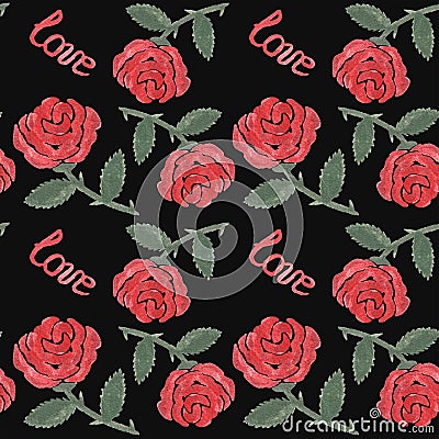 Seamless patern with watercolor red rose on the black background Stock Photo