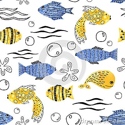 Seamless patten with cartoon animals of the underwater world. Sea mammals. Fish, whales, dolphins, starfish, algae for the design Cartoon Illustration