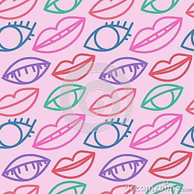 Seamless patten with eyes and lips, outline eye and lips vector background, colorful wallpaper Vector Illustration