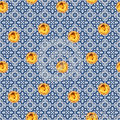 Seamless patten with traditional portuguese pastry pasteis de nata on ornate ceramic tiles azulejos. Vector Illustration