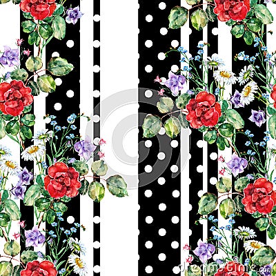 Seamless patter watercolor bouquet flowers with stripe. Stock Photo