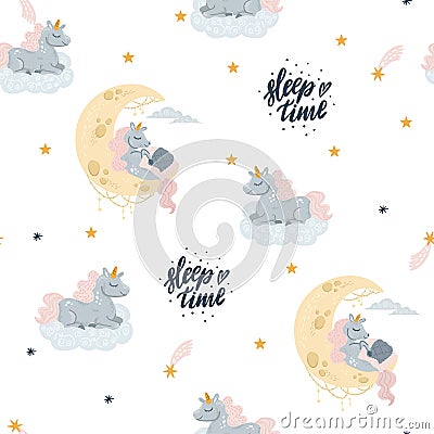 Vector cute unicorn sleeping at cloud in hat Vector Illustration