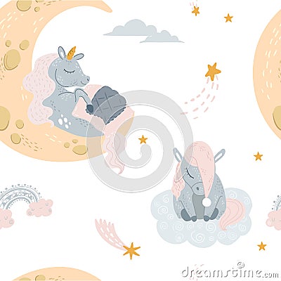 Vector cute unicorn sleeping at cloud in hat Vector Illustration