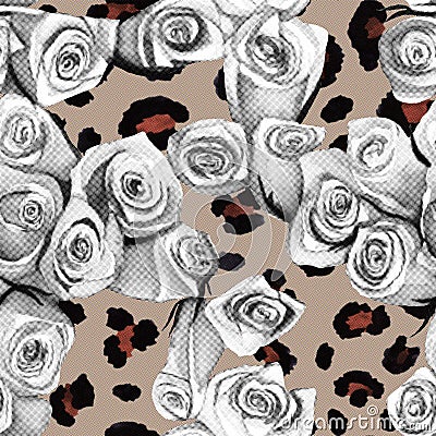 Seamless patterm roses with leopand newspaper style Stock Photo