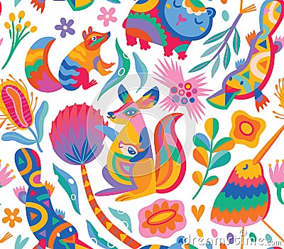 Seamless pattern with abstract Australian animals, flowers and leaves. Vector illustration Vector Illustration