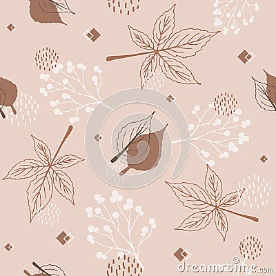 Seamless pattern of abstract autumn elements, geometric shapes, plants and leaves in one line style. For mobile app page Vector Illustration