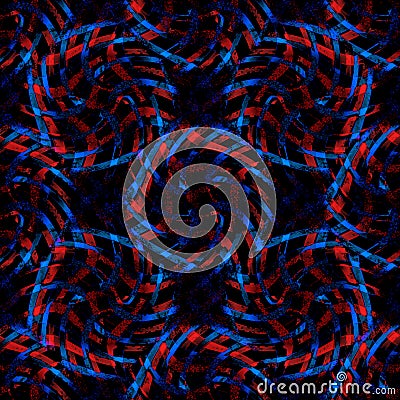Seamless pattern, abstract background. Symmetry. Glowing curved lines forms circles. Red and blue. Cartoon Illustration