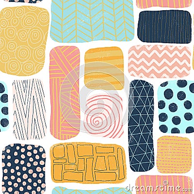 Seamless pattern abstract blocks. Square and rectangle doodle shapes with different textures. Mosaik puzzle style background blue, Cartoon Illustration