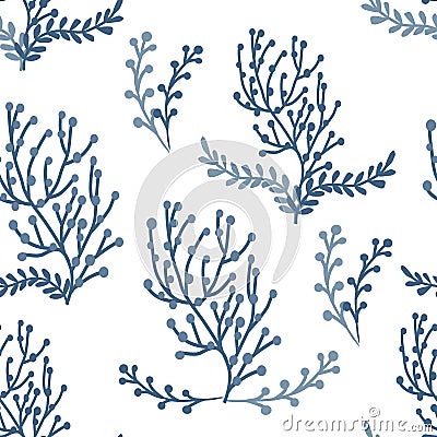 Seamless pattern of abstract botanical elements. Field grass, leaves and branches. Minimalistic natural composition. Vector Vector Illustration