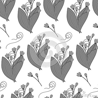 Seamless pattern of abstract bouquets of flowering twigs, spathiphyllum leaves and curled branch Vector Illustration