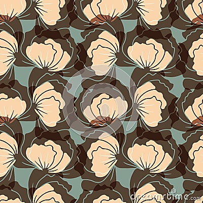 Seamless pattern with abstract brown retro poppy flowers on blue background Vector Illustration
