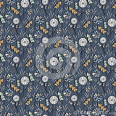 Seamless pattern of abstract dandelions. Dark floral print. Vintage background of colored flowers on marengo color background Vector Illustration