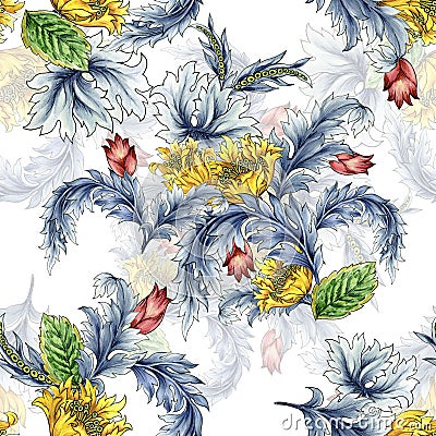 Seamless pattern with abstract fantasy Tulips lflowers and leaves western style Paisley or Damask jacobean Watercolor Gouache Stock Photo