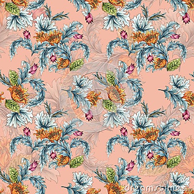 Seamless pattern with abstract fantasy Tulips lflowers and leaves western style Paisley or Damask jacobean Watercolor Gouache Stock Photo