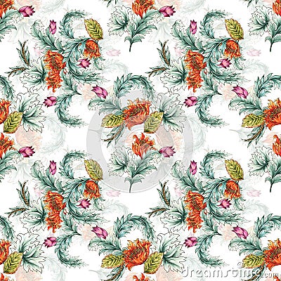 Seamless pattern with abstract fantasy Tulips lflowers and leaves western style Paisley or Damask jacobean Watercolor Gouache Stock Photo